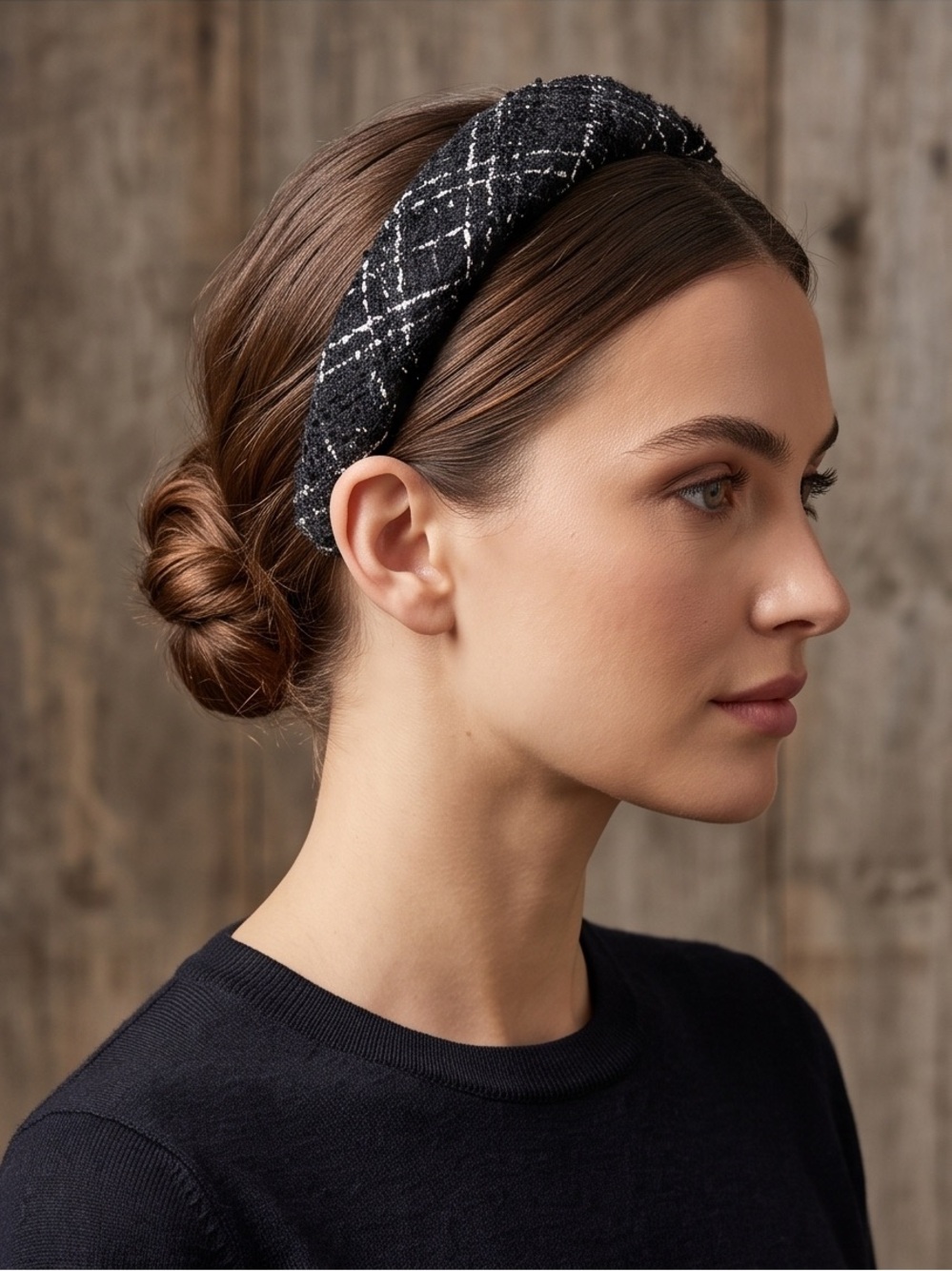 Hairband Padded Tweed Headband in Black and White